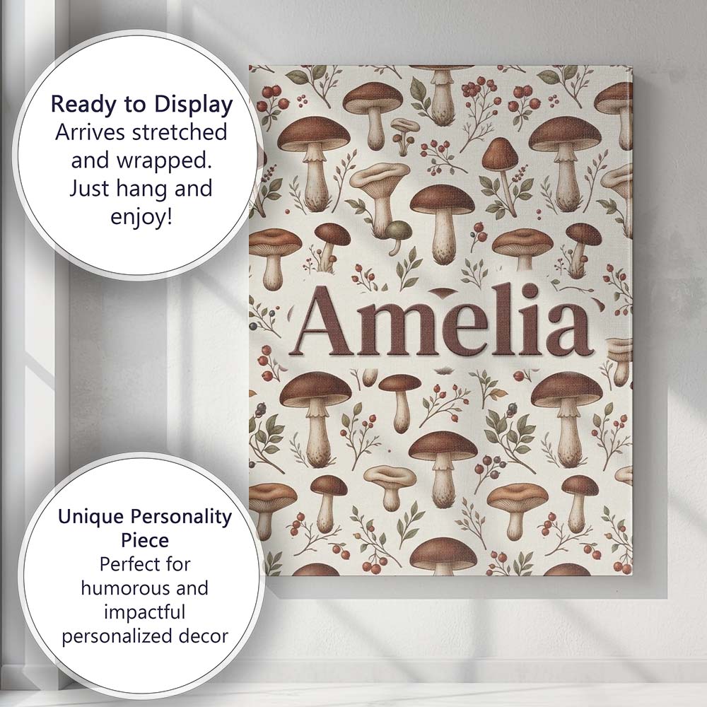 Personalised Name Neutral Mushroom Botanical Custom Bespoke  Contemporary Display Canvas Wall Art Print Decor Picture Ready to Hang