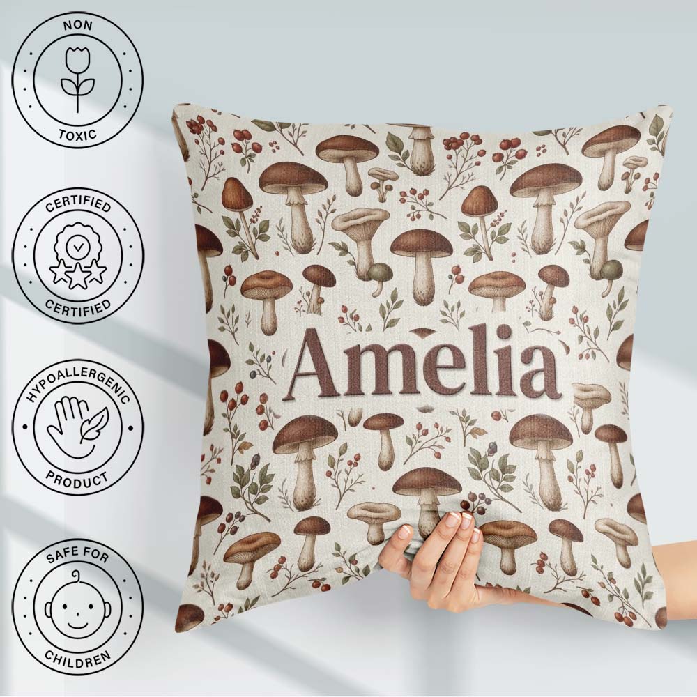 Custom Name Neutral Mushroom Botanical Woodland Seamless Pattern Square Filled Cushion Throw Pillow Sofa Bed Home Decor Zip Washable UK Made