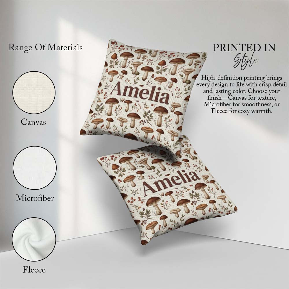 Custom Name Neutral Mushroom Botanical Woodland Seamless Pattern Square Filled Cushion Throw Pillow Sofa Bed Home Decor Zip Washable UK Made