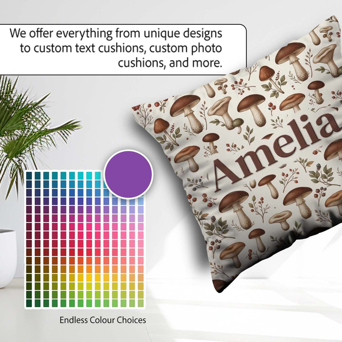 Custom Name Neutral Mushroom Botanical Woodland Seamless Pattern Square Filled Cushion Throw Pillow Sofa Bed Home Decor Zip Washable UK Made