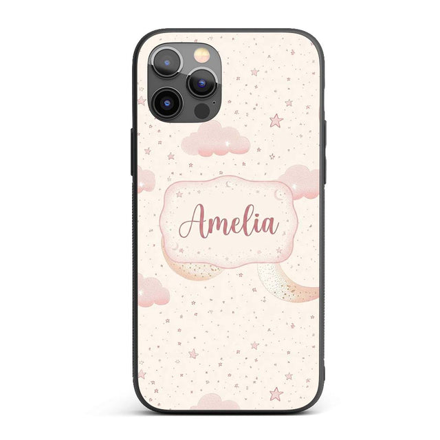Pink Moon Clouds Stars Dreamy Night Sky Seamless Custom Name Protective Phone Case Mobile Cover Durable Everyday Smartphone Shock Resistant