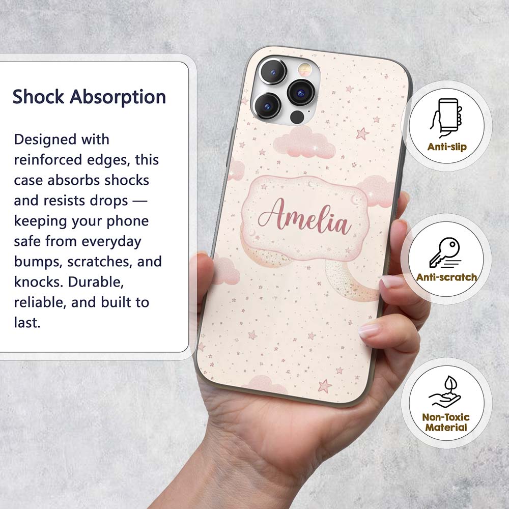 Pink Moon Clouds Stars Dreamy Night Sky Seamless Custom Name Protective Phone Case Mobile Cover Durable Everyday Smartphone Shock Resistant