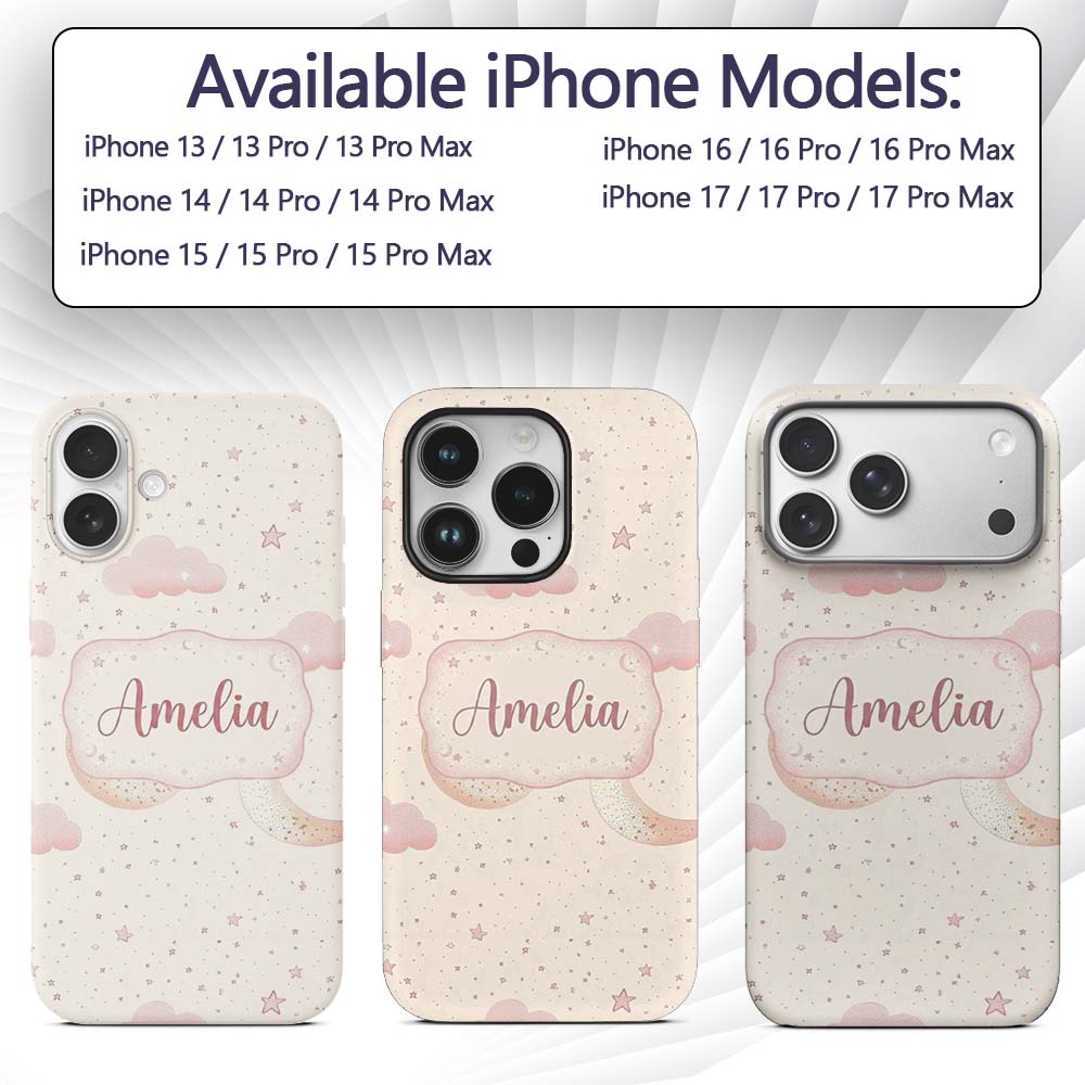 Pink Moon Clouds Stars Dreamy Night Sky Seamless Custom Name Protective Phone Case Mobile Cover Durable Everyday Smartphone Shock Resistant