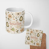 Personalized Custom Name Cute Avocado Floral Smiling Fruit Seamless Pattern Soft Beige Name 11oz Ceramic Coffee Tea Mug White Large Handle