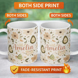 Personalized Custom Name Cute Avocado Floral Smiling Fruit Seamless Pattern Soft Beige Name 11oz Ceramic Coffee Tea Mug White Large Handle