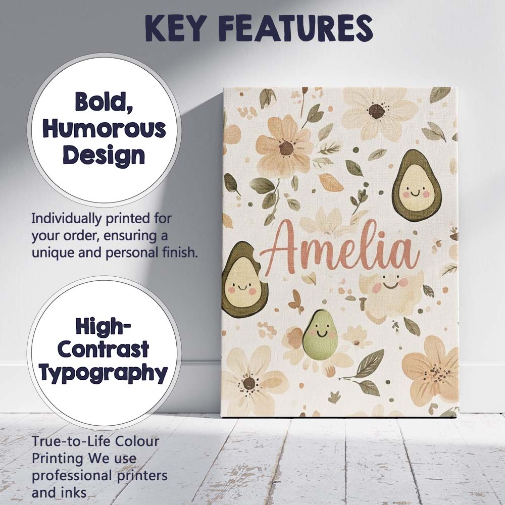 Personalised Name Cute Avocado Floral Custom Modern Room Accent Creative Decorator Style Canvas Wall Art Print Decor Picture Ready to Hang