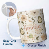 Personalized Custom Name Cute Avocado Floral Smiling Fruit Seamless Pattern Soft Beige Name 11oz Ceramic Coffee Tea Mug White Large Handle