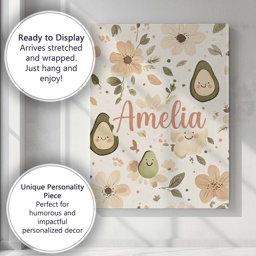 Personalised Name Cute Avocado Floral Custom Modern Room Accent Creative Decorator Style Canvas Wall Art Print Decor Picture Ready to Hang