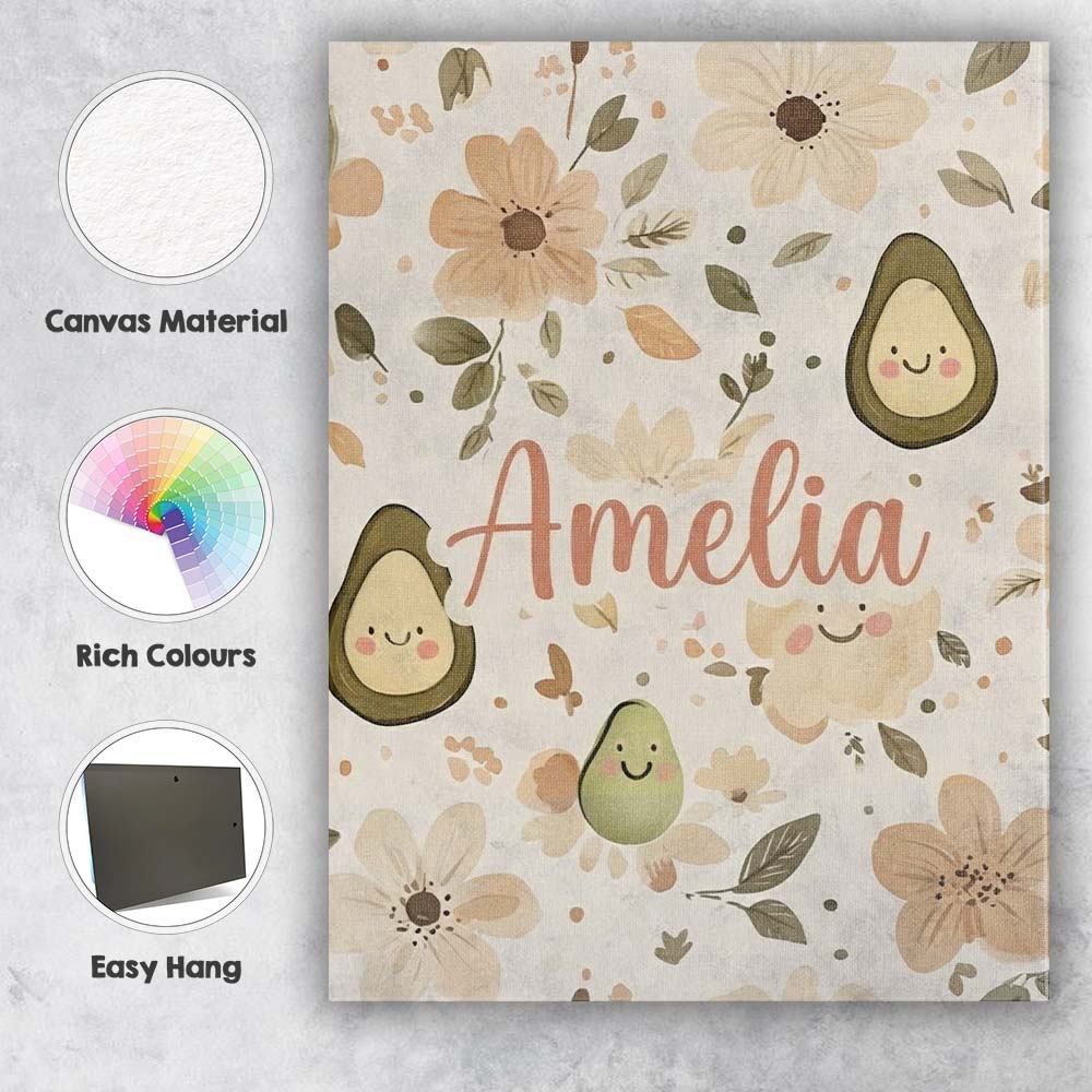 Personalised Name Cute Avocado Floral Custom Modern Room Accent Creative Decorator Style Canvas Wall Art Print Decor Picture Ready to Hang
