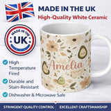 Personalized Custom Name Cute Avocado Floral Smiling Fruit Seamless Pattern Soft Beige Name 11oz Ceramic Coffee Tea Mug White Large Handle