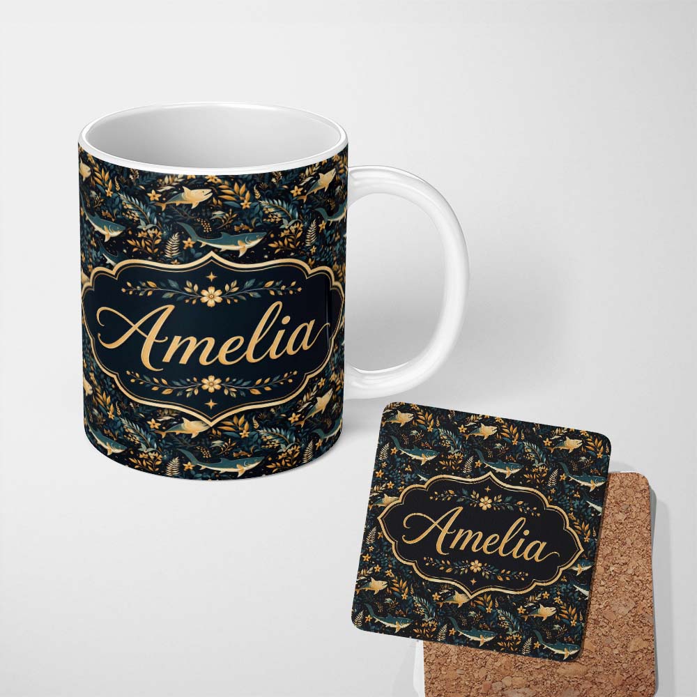 Personalized Custom Name Elegant Navy Fish Floral Ocean Seamless Pattern Dark Botanical Name 11oz Ceramic Coffee Tea Mug White Large Handle