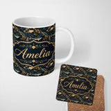 Personalized Custom Name Elegant Navy Fish Floral Ocean Seamless Pattern Dark Botanical Name 11oz Ceramic Coffee Tea Mug White Large Handle