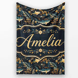 Elegant Navy Fish Floral Ocean Seamless Pattern Dark Botanical Name  Personalised Custom Name Super Soft Fleece Blanket Bed Sofa Throw