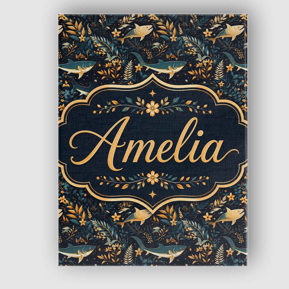 Personalised Name Elegant Navy Fish Floral Custom  Bespoke Contemporary Statement Canvas Wall Art Print Decor Picture Ready to Hang