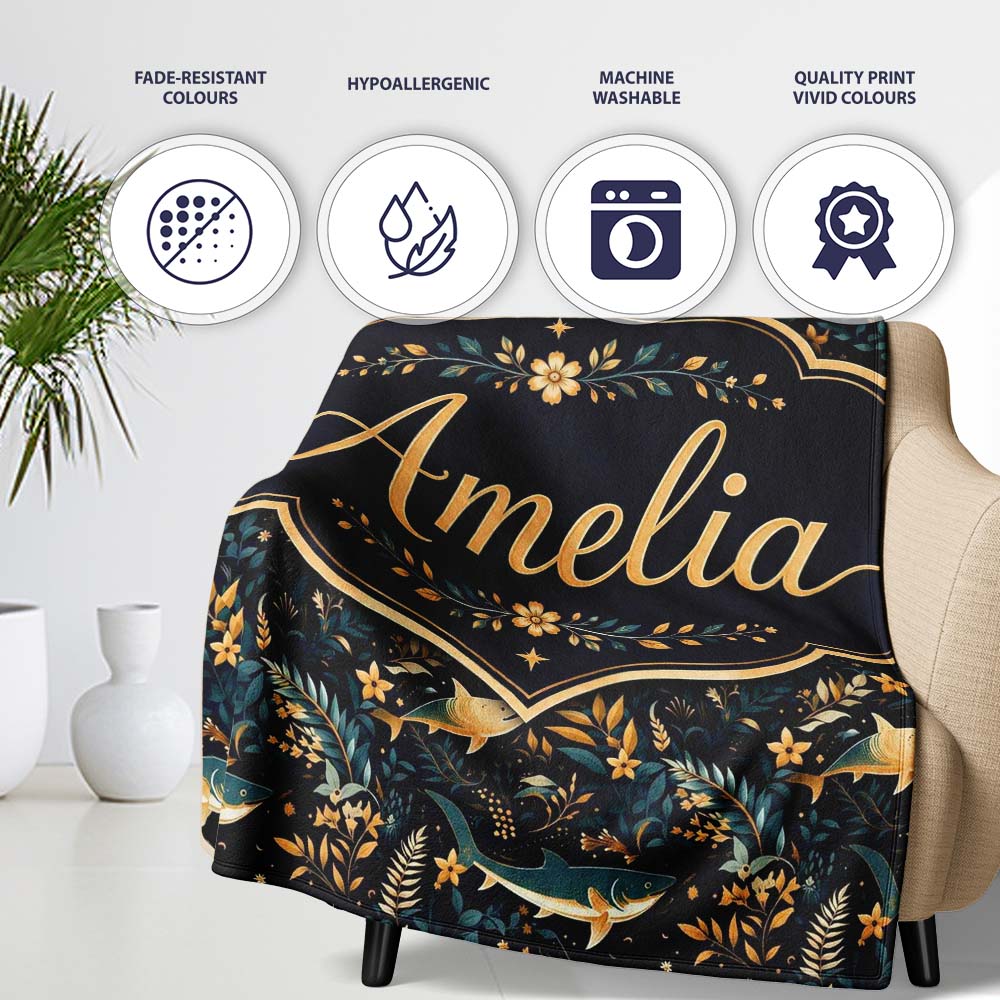 Elegant Navy Fish Floral Ocean Seamless Pattern Dark Botanical Name  Personalised Custom Name Super Soft Fleece Blanket Bed Sofa Throw