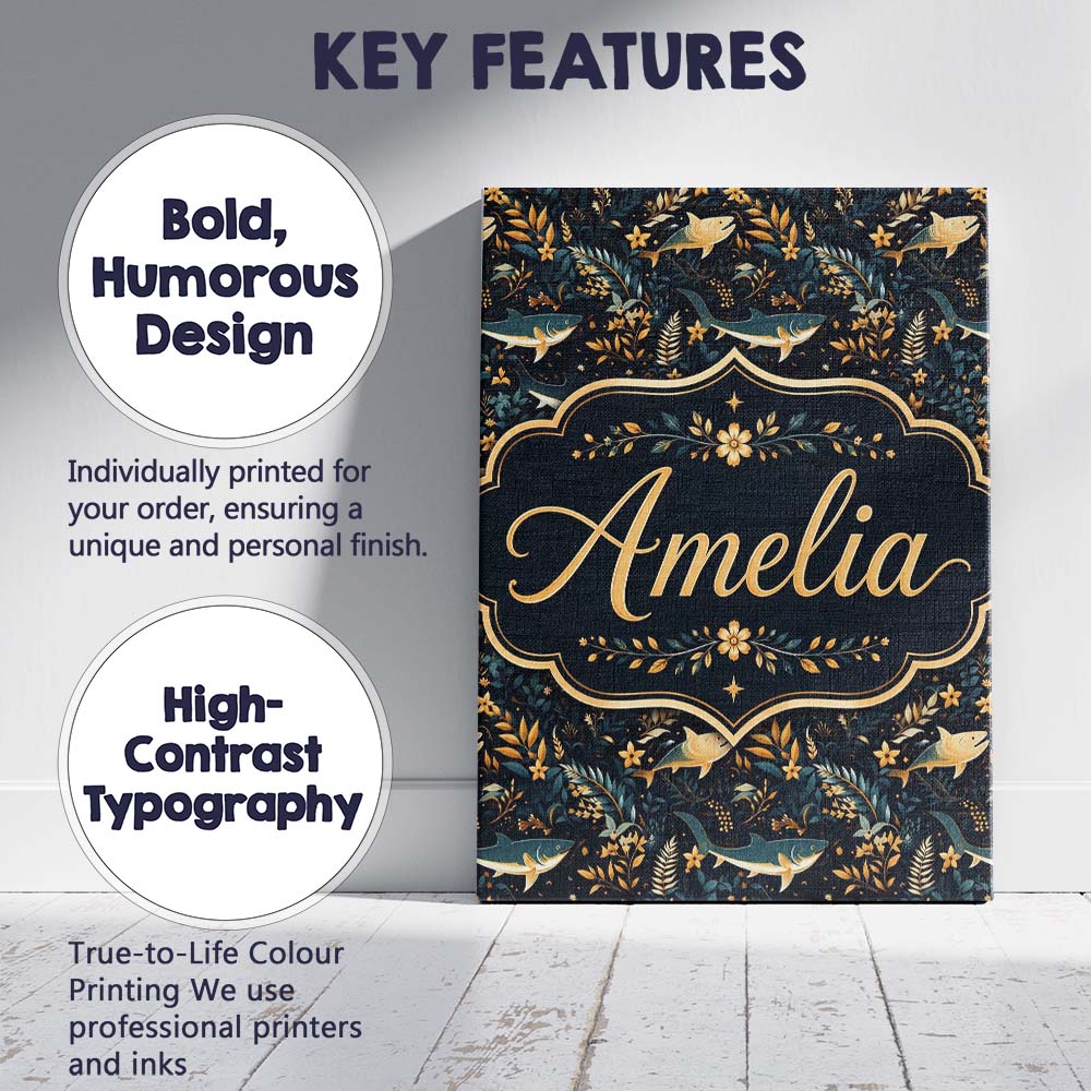 Personalised Name Elegant Navy Fish Floral Custom  Bespoke Contemporary Statement Canvas Wall Art Print Decor Picture Ready to Hang