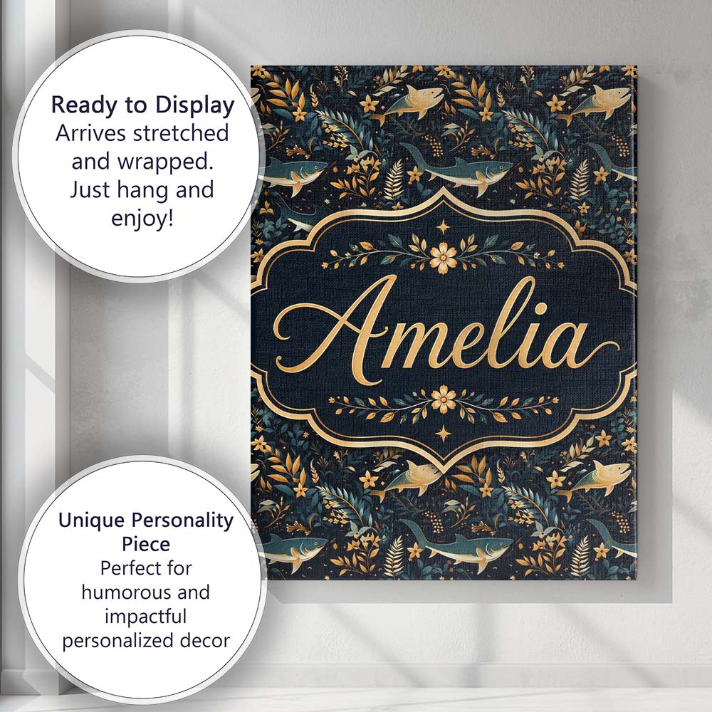 Personalised Name Elegant Navy Fish Floral Custom  Bespoke Contemporary Statement Canvas Wall Art Print Decor Picture Ready to Hang