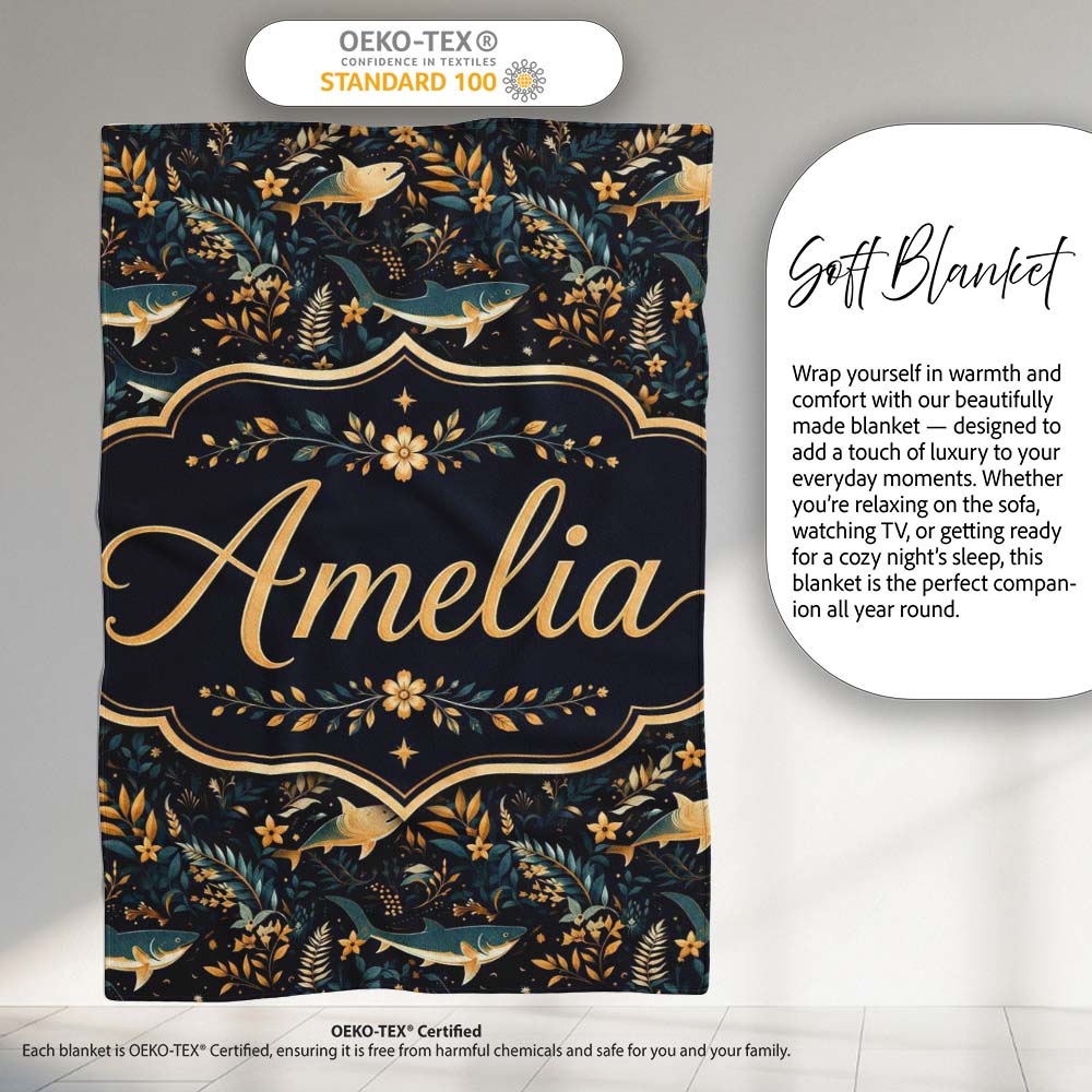 Elegant Navy Fish Floral Ocean Seamless Pattern Dark Botanical Name  Personalised Custom Name Super Soft Fleece Blanket Bed Sofa Throw