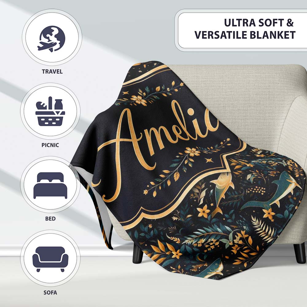 Elegant Navy Fish Floral Ocean Seamless Pattern Dark Botanical Name  Personalised Custom Name Super Soft Fleece Blanket Bed Sofa Throw