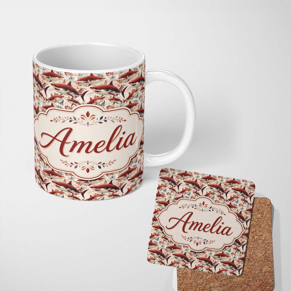 Personalized Custom Name Bold Red Sharks Ocean Floral Seamless Pattern Cream Background Name 11oz Ceramic Coffee Tea Mug White Large Handle