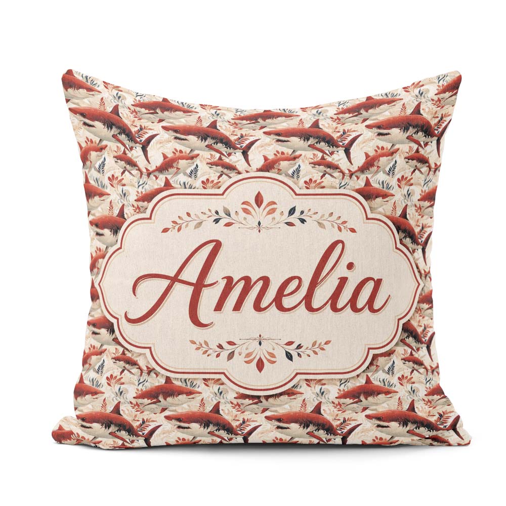 Custom Name Bold Sharks Ocean Floral Seamless Pattern Cream Name Square Filled Cushion Throw Pillow Sofa Bed Home Decor Zip Washable UK Made