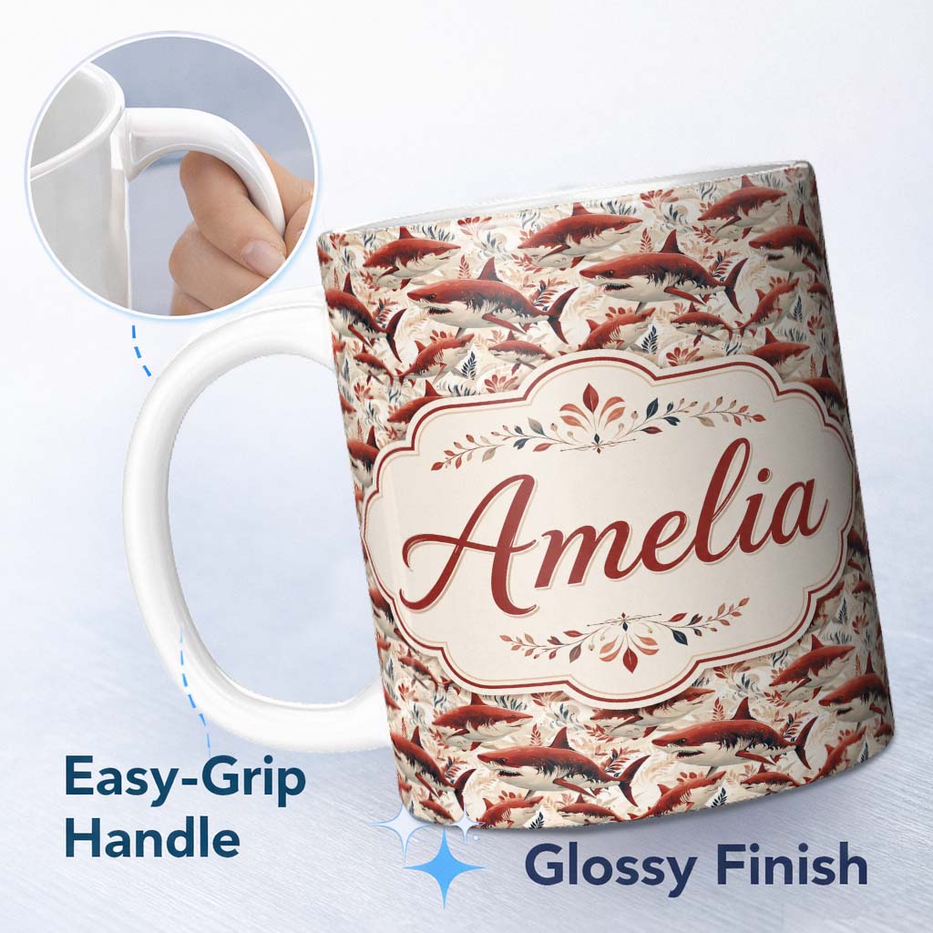 Personalized Custom Name Bold Red Sharks Ocean Floral Seamless Pattern Cream Background Name 11oz Ceramic Coffee Tea Mug White Large Handle