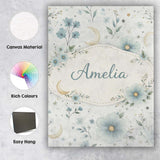 Personalised Name Blue Floral Moon Seamless Pattern Beautiful Coffee Custom  Home Canvas Wall Art Print Decor Picture Ready to Hang