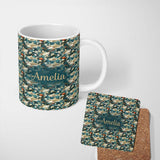 Personalized Custom Name Vintage Shark Floral Ocean Garden Seamless Pattern Teal Background 11oz Ceramic Coffee Tea Mug White Large Handle
