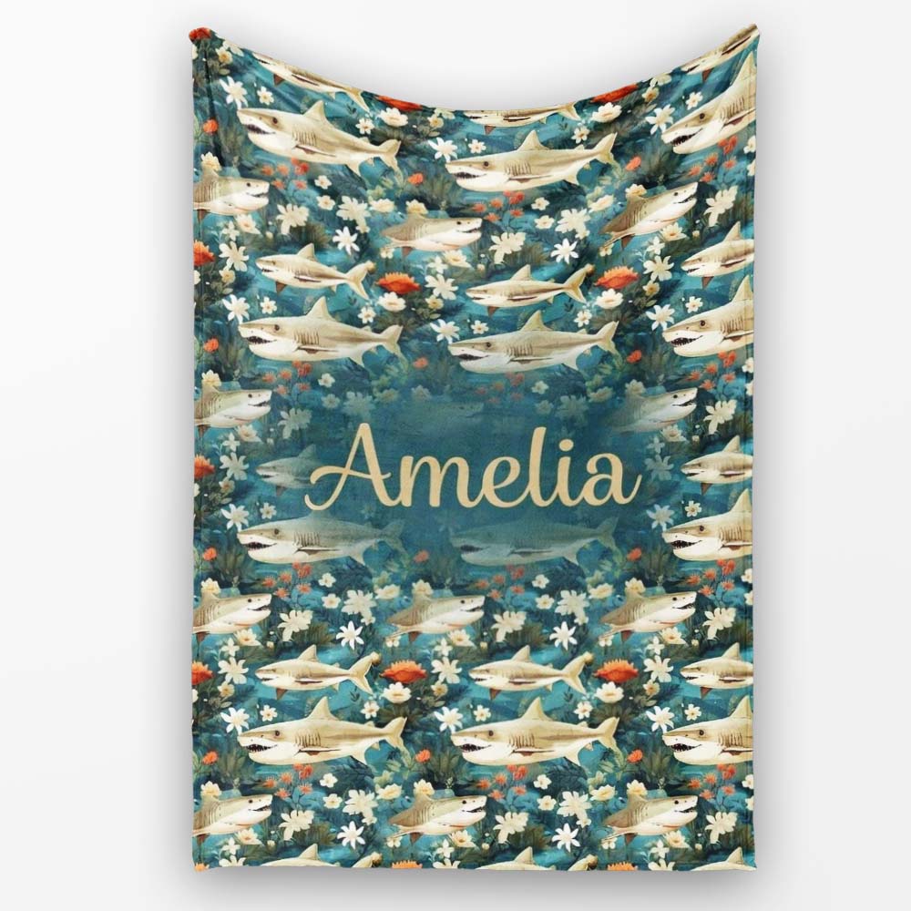 Vintage Shark Floral Ocean Garden Seamless Pattern Teal Background  Personalised Custom Name Super Soft Fleece Blanket Bed Sofa Throw