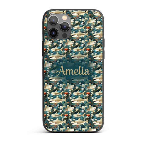 Vintage Shark Floral Ocean Garden Printed Design Custom Name Protective Phone Case Mobile Cover Durable Everyday Smartphone Shock Resistant
