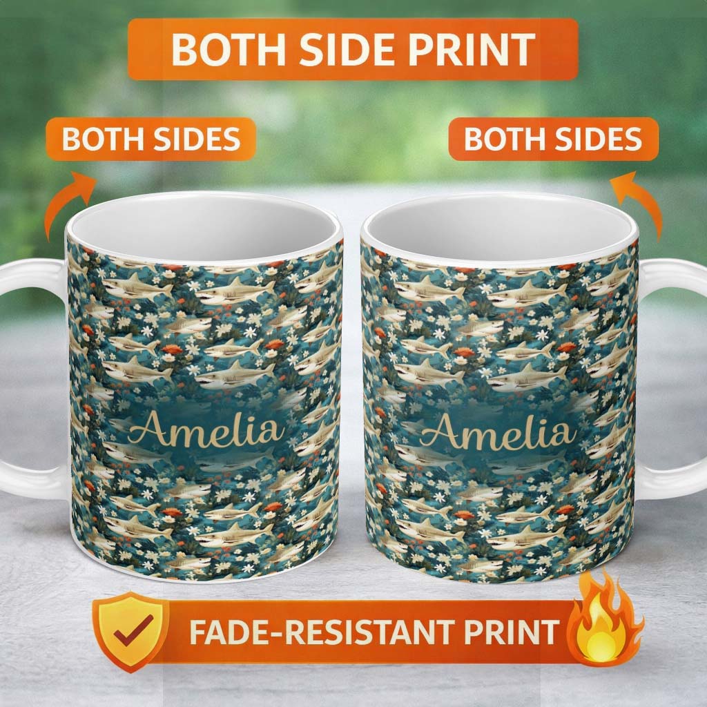 Personalized Custom Name Vintage Shark Floral Ocean Garden Seamless Pattern Teal Background 11oz Ceramic Coffee Tea Mug White Large Handle