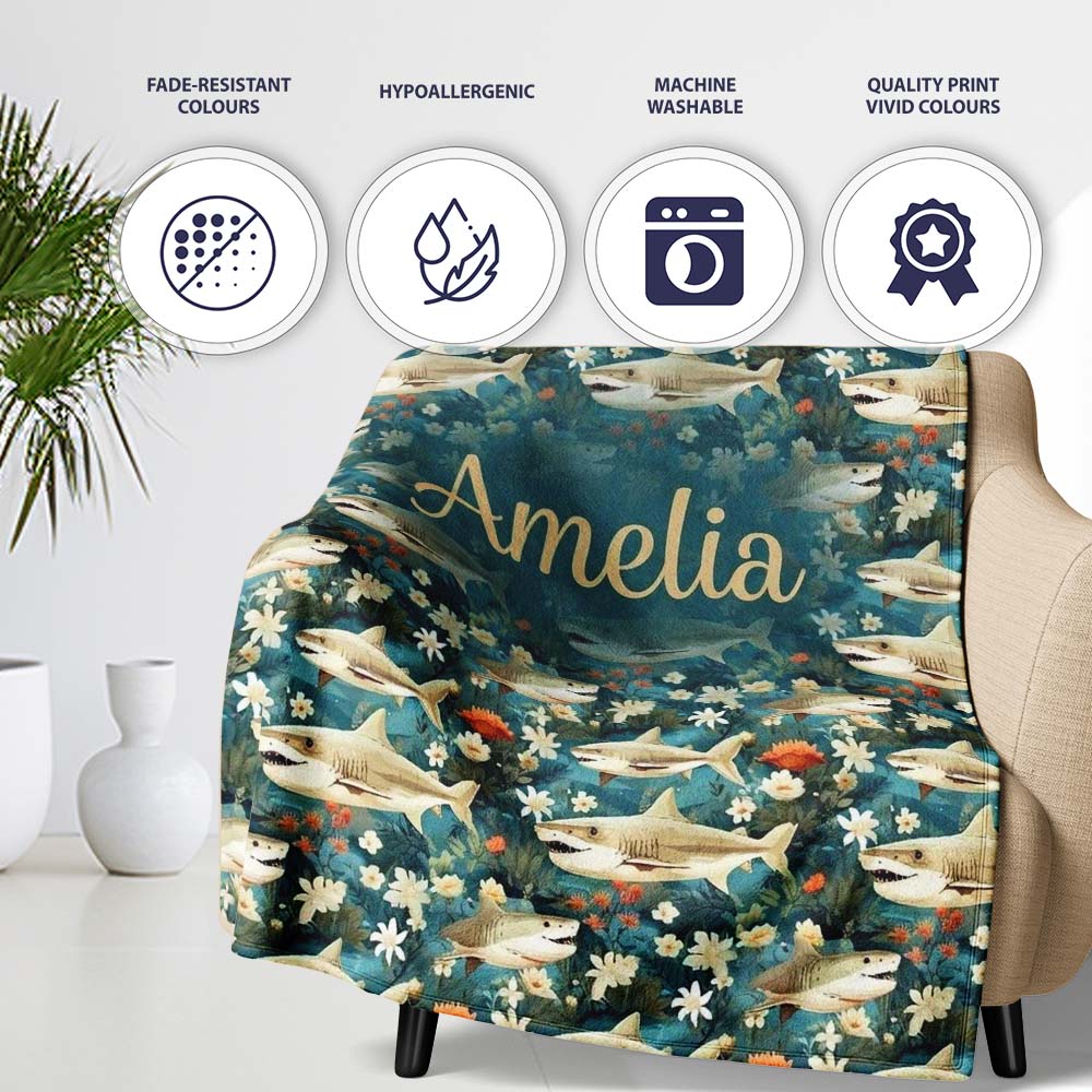 Vintage Shark Floral Ocean Garden Seamless Pattern Teal Background  Personalised Custom Name Super Soft Fleece Blanket Bed Sofa Throw