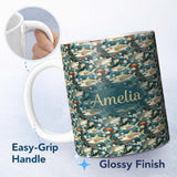Personalized Custom Name Vintage Shark Floral Ocean Garden Seamless Pattern Teal Background 11oz Ceramic Coffee Tea Mug White Large Handle