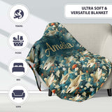 Vintage Shark Floral Ocean Garden Seamless Pattern Teal Background  Personalised Custom Name Super Soft Fleece Blanket Bed Sofa Throw