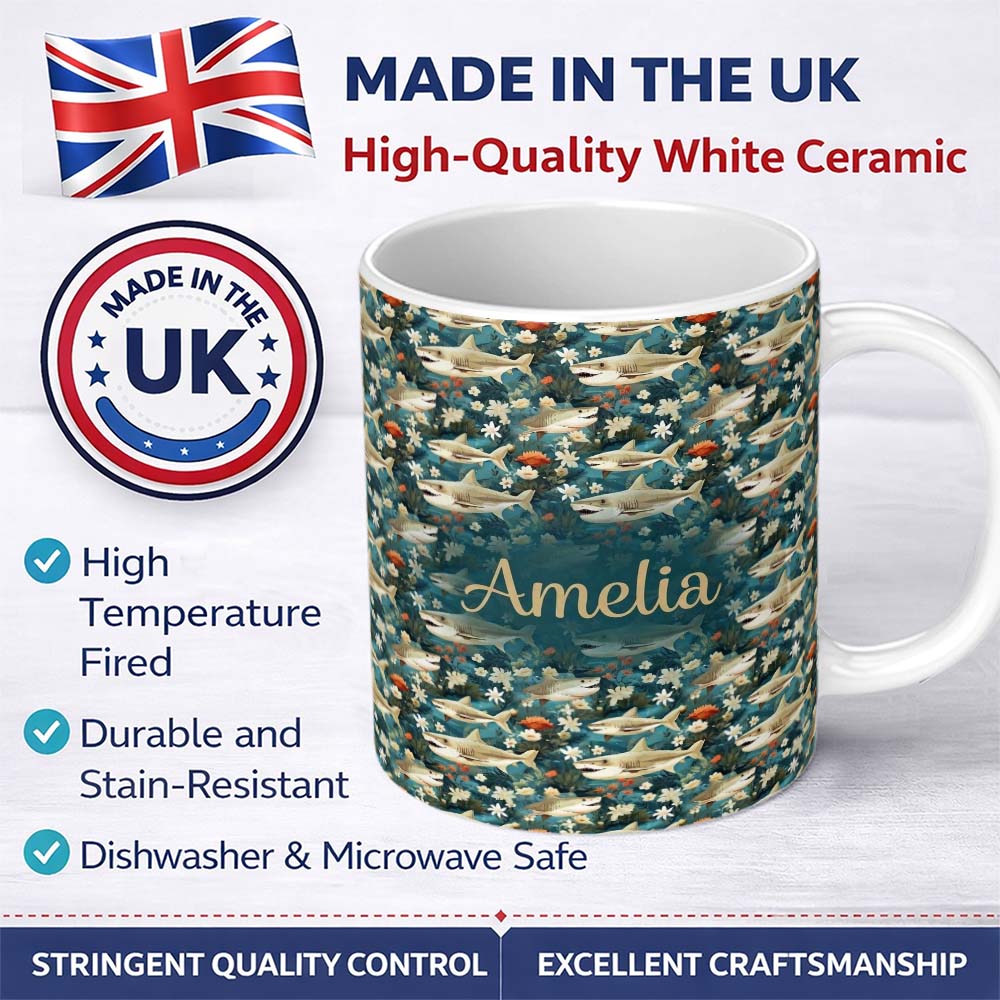Personalized Custom Name Vintage Shark Floral Ocean Garden Seamless Pattern Teal Background 11oz Ceramic Coffee Tea Mug White Large Handle