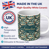 Personalized Custom Name Vintage Shark Floral Ocean Garden Seamless Pattern Teal Background 11oz Ceramic Coffee Tea Mug White Large Handle
