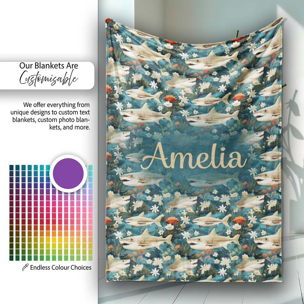 Vintage Shark Floral Ocean Garden Seamless Pattern Teal Background  Personalised Custom Name Super Soft Fleece Blanket Bed Sofa Throw