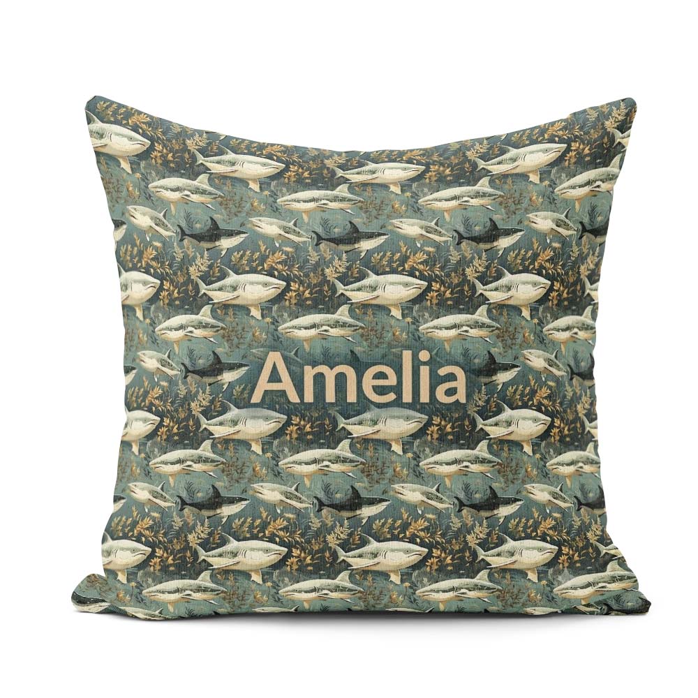 Custom Name Classic Shark Seaweed Ocean Seamless Deep Background Square Filled Cushion Throw Pillow Sofa Bed Home Decor Zip Washable UK Made