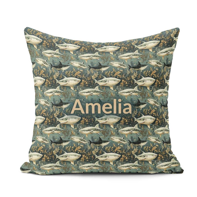 Custom Name Classic Shark Seaweed Ocean Seamless Deep Background Square Filled Cushion Throw Pillow Sofa Bed Home Decor Zip Washable UK Made