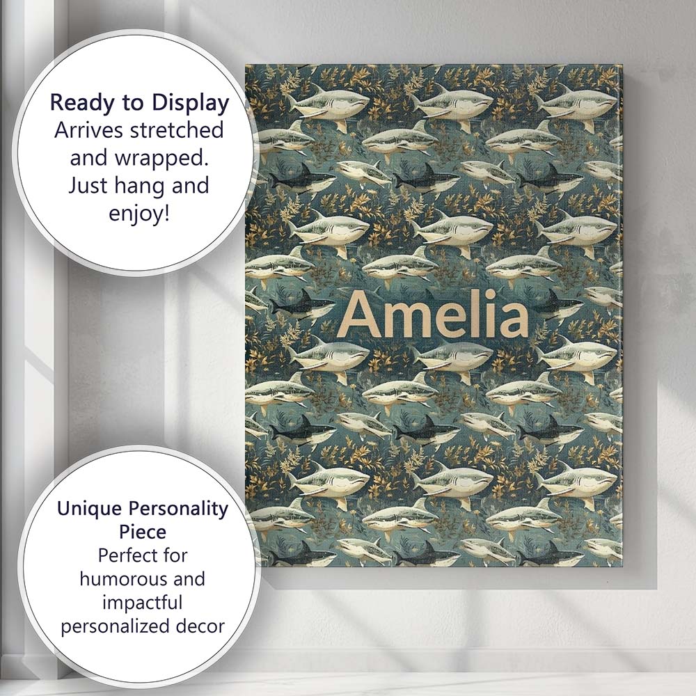 Personalised Name Classic Shark Seaweed Custom  Modern Room Accent Elegant Feature Canvas Wall Art Print Decor Picture Ready to Hang