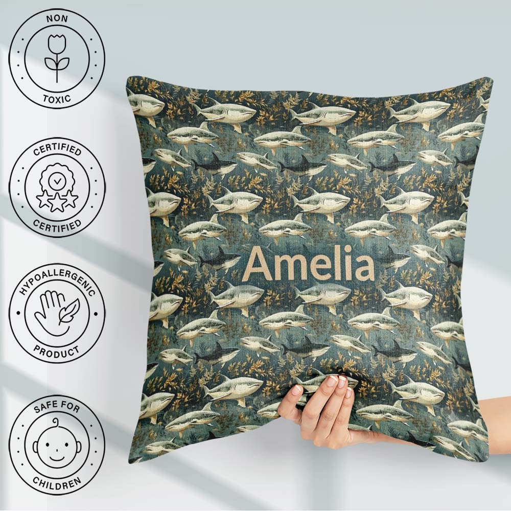 Custom Name Classic Shark Seaweed Ocean Seamless Deep Background Square Filled Cushion Throw Pillow Sofa Bed Home Decor Zip Washable UK Made