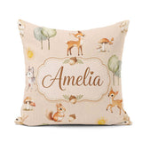 Custom Name Woodland Deer Fox Mushroom Seamless Pattern on Beige Square Filled Cushion Throw Pillow Sofa Bed Home Decor Zip Washable UK Made