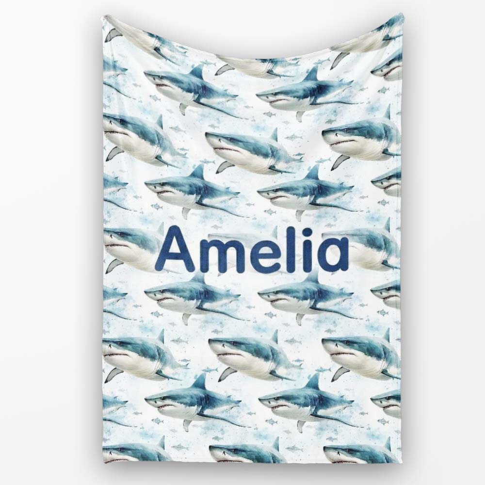 Blue Shark Underwater Ocean Seamless Pattern Light Sea Background  Personalised Custom Name Super Soft Fleece Blanket Bed Sofa Throw