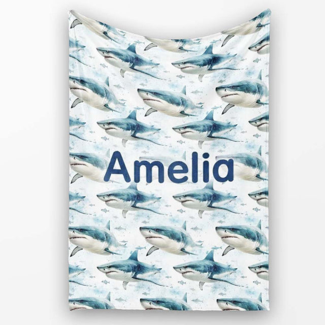 Blue Shark Underwater Ocean Seamless Pattern Light Sea Background  Personalised Custom Name Super Soft Fleece Blanket Bed Sofa Throw