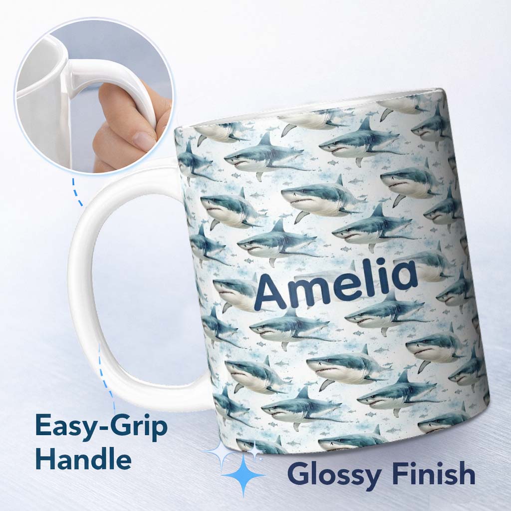 Personalized Custom Name Blue Shark Underwater Ocean Seamless Pattern Light Sea Background 11oz Ceramic Coffee Tea Mug White Large Handle