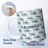 Personalized Custom Name Blue Shark Underwater Ocean Seamless Pattern Light Sea Background 11oz Ceramic Coffee Tea Mug White Large Handle