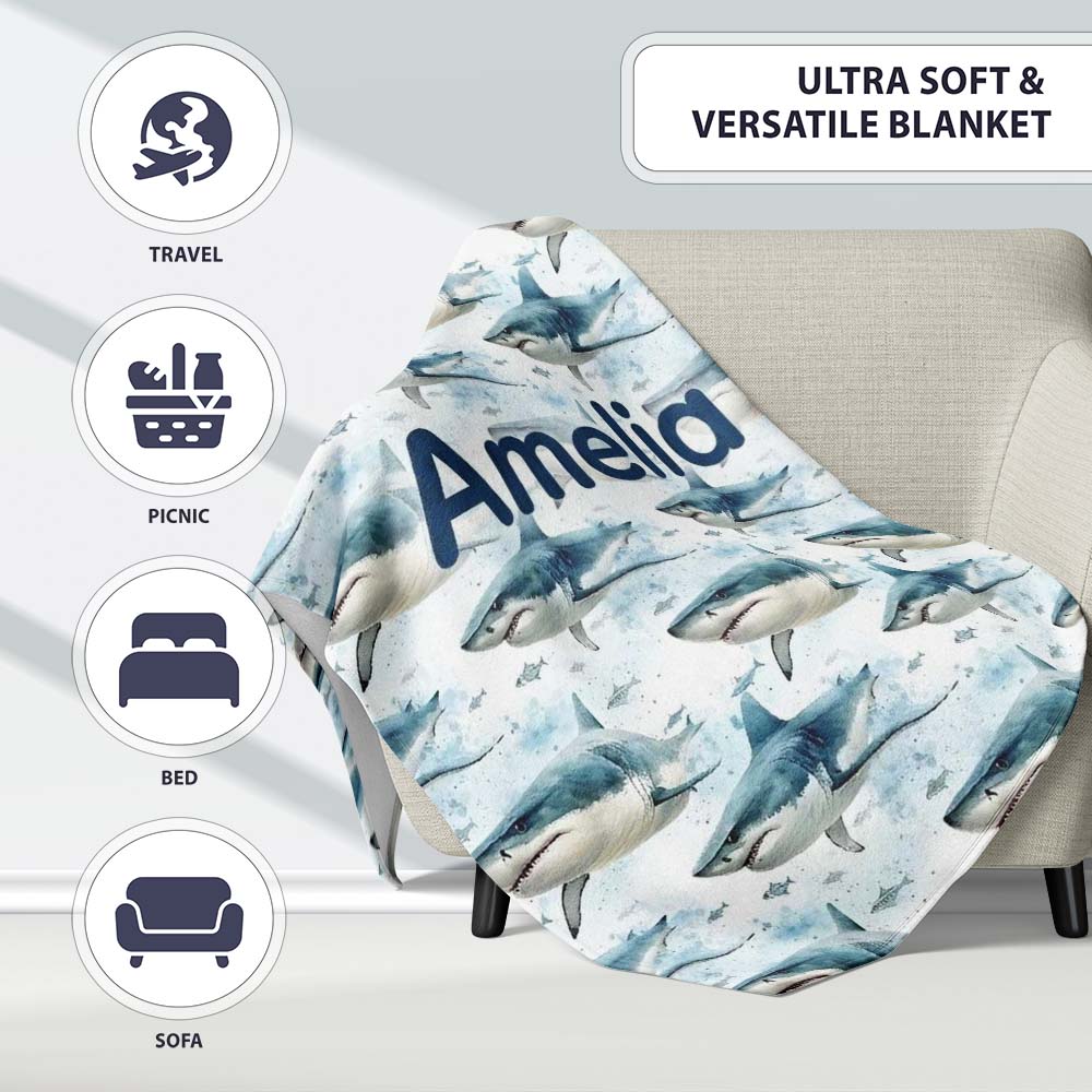Blue Shark Underwater Ocean Seamless Pattern Light Sea Background  Personalised Custom Name Super Soft Fleece Blanket Bed Sofa Throw
