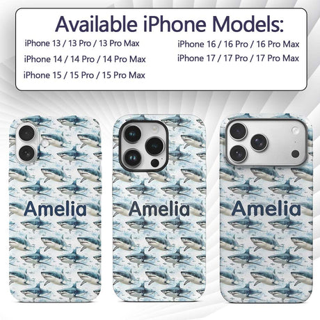 Blue Shark Underwater Ocean Seamless Pattern Custom Name Protective Phone Case Mobile Cover Durable Everyday Smartphone Shock Resistant