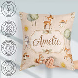 Custom Name Woodland Deer Fox Mushroom Seamless Pattern on Beige Square Filled Cushion Throw Pillow Sofa Bed Home Decor Zip Washable UK Made
