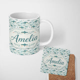 Personalized Custom Name Cute Blue Shark Underwater Seamless Pattern Light Ocean Background 11oz Ceramic Coffee Tea Mug White Large Handle